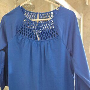 NWT Chico's blue cross stitch 3/4 sleeve top